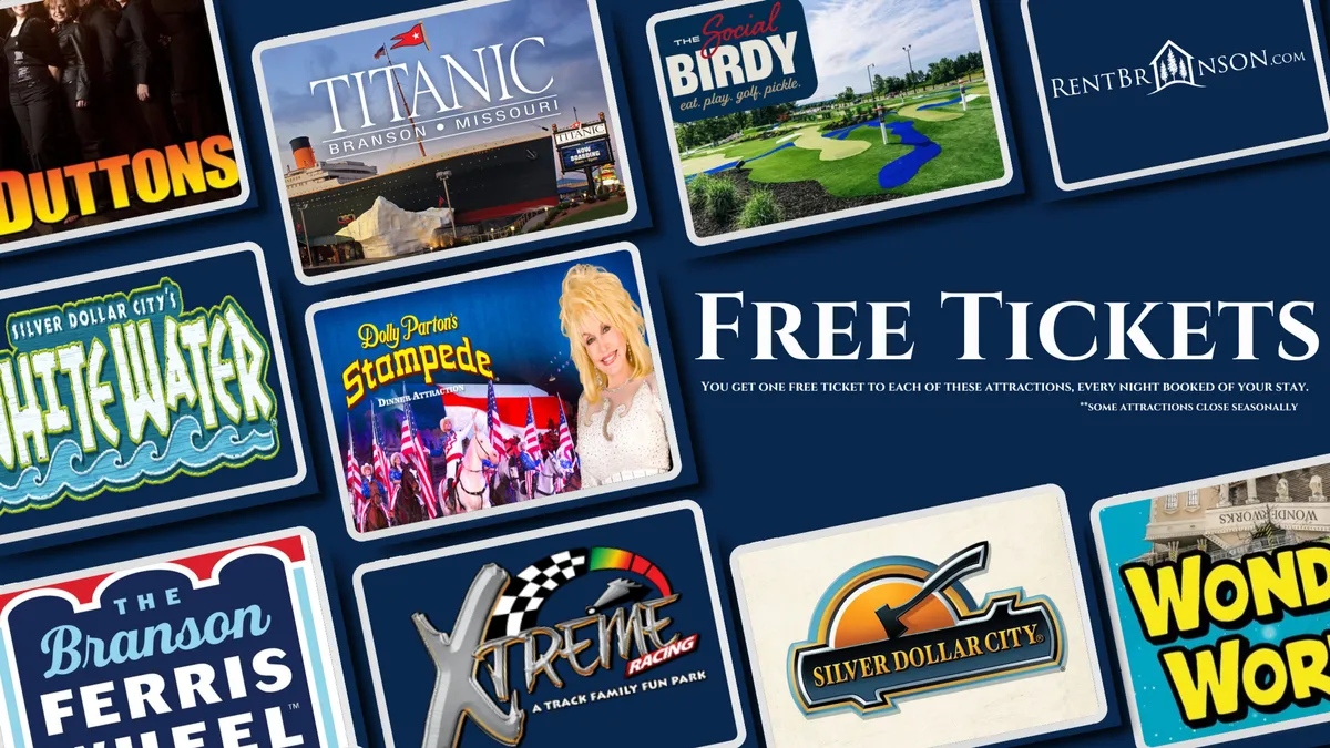 An interior shot featuring prominent attraction logos, a 'Free Tickets' sign, and imagery from Dolly Parton's Stampede, evoking the excitement of Branson’s local attractions and family outings.